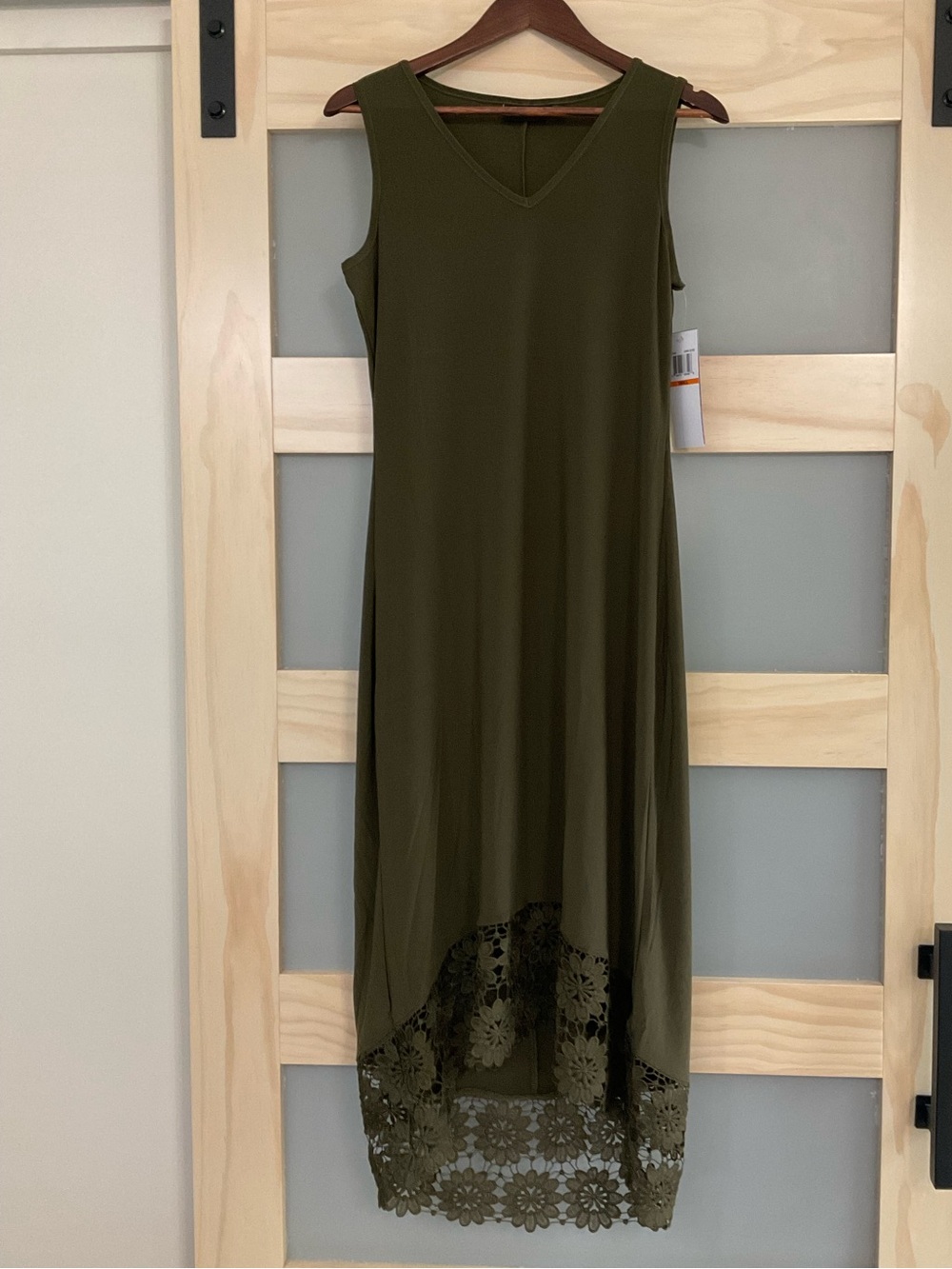 Nina Leonard Olive Green Miracle Matte Jersey Lace Hem Midi Dress S - Picture 2 of 7